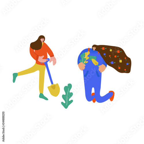 Illustration of a family planting a joint. Freehand drawing illustrating the learning process of plant growing. Family drawing, two sisters spending time together