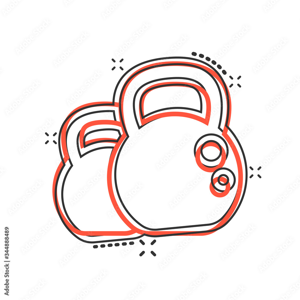 Kettlebell icon in comic style. Barbell sport equipment cartoon vector illustration on white isolated background. Dumbbell splash effect business concept. Kettlebell icon in comic style. Barbell sport equipment cartoon vector illustration on white isolated background. Dumbbell splash effect business concept.