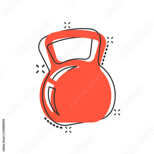 Kettlebell icon in comic style. Barbell sport equipment cartoon vector illustration on white isolated background. Dumbbell splash effect business concept.