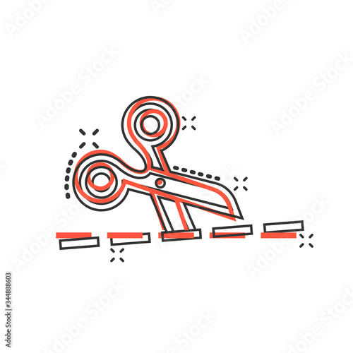 Scissor with cutting line icon in comic style. Cut equipment cartoon vector illustration on white isolated background. Cutter splash effect business concept.
