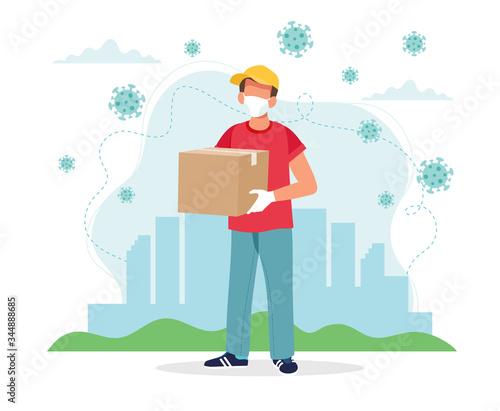 Safe delivery concept, delivery man with a box wearing mask. Vector illustration in flat style