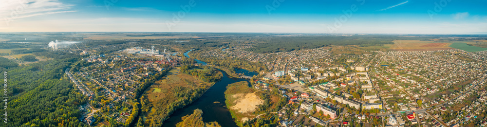 Dobrush, Gomel Region, Belarus. Aerial View Of Skyline Cityscape In Summer Day. Panorama