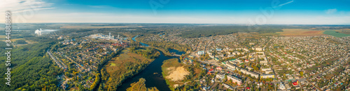 Dobrush, Gomel Region, Belarus. Aerial View Of Skyline Cityscape In Summer Day. Panorama