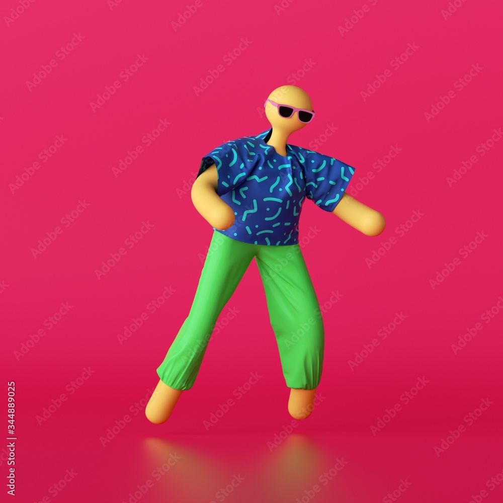3d render, abstract yellow bald cartoon character wearing colorful summer clothes and sunglasses, isolated on red background. Person posing. Toy without face. Funny dummy doll, modern minimal design 3d render, abstract yellow bald cartoon character wearing colorful summer clothes and sunglasses, isolated on red background. Person posing. Toy without face. Funny dummy doll, modern minimal design