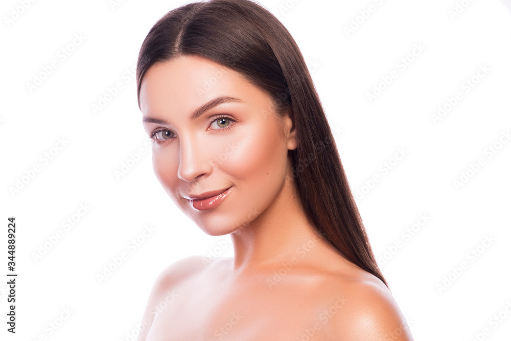 Cute smiling brunette adult with fresh clean skin on her face. Beauty headshot isolated on white. Cute smiling brunette adult with fresh clean skin on her face. Beauty headshot isolated on white.
