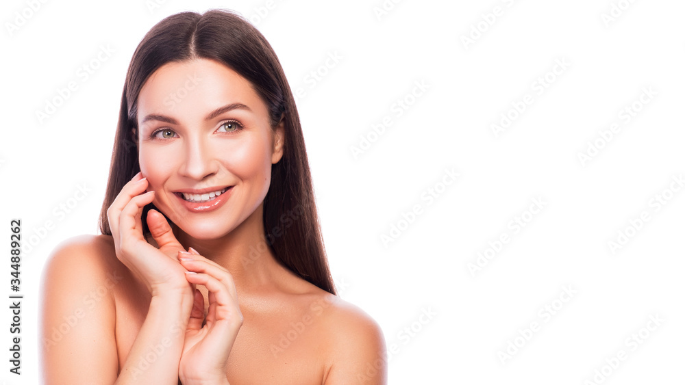 Cute smiling brunette adult with fresh clean skin on her face. Beauty headshot isolated on white. Cute smiling brunette adult with fresh clean skin on her face. Beauty headshot isolated on white.