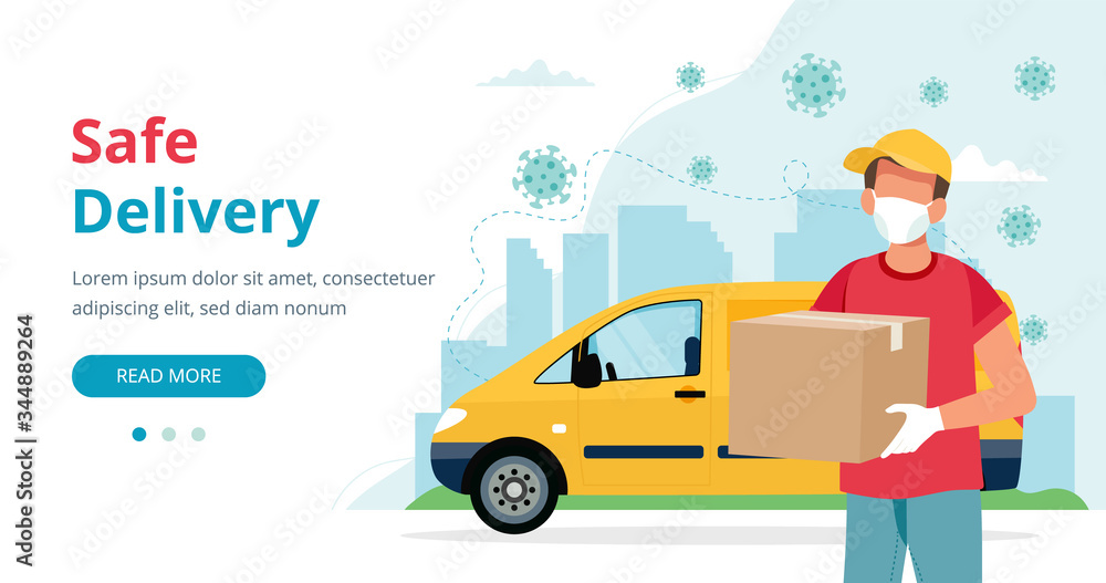 Safe delivery concept, delivery man with a box wearing mask and yellow car. Vector illustration in flat style Safe delivery concept, delivery man with a box wearing mask and yellow car. Vector illustration in flat style