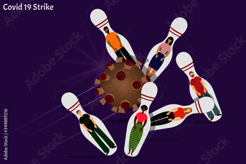 Covid19 - Coronavirus.  Virus che fa Strike come una palla da bowling a uomini birillo