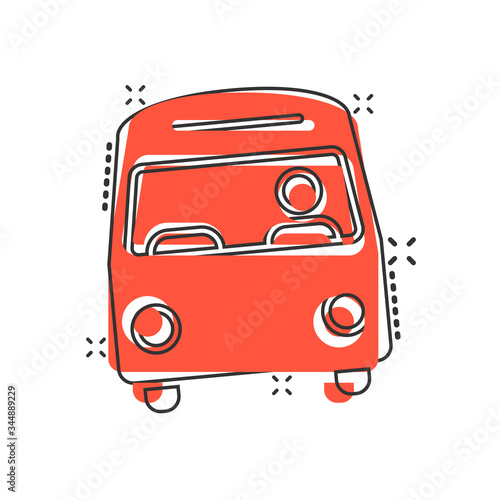 Bus icon in comic style. Coach cartoon vector illustration on white isolated background. Autobus vehicle splash effect business concept.