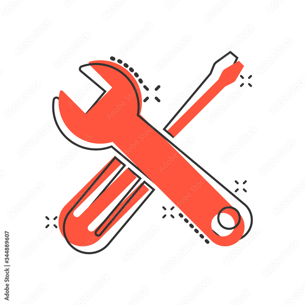 Wrench and screwdriver icon in comic style. Spanner key cartoon vector illustration on white isolated background. Repair equipment splash effect business concept. Wrench and screwdriver icon in comic style. Spanner key cartoon vector illustration on white isolated background. Repair equipment splash effect business concept.