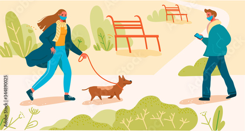 People walking in the park with pets, characters save distance on street during Covid19 Pandemic. Flat Cartoon vector illustration.