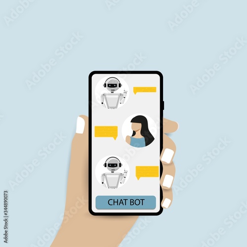 Cat boat and future marketing concept. Dialog box of mobile phone. Smartphone on a blue background. Vector illustration.  