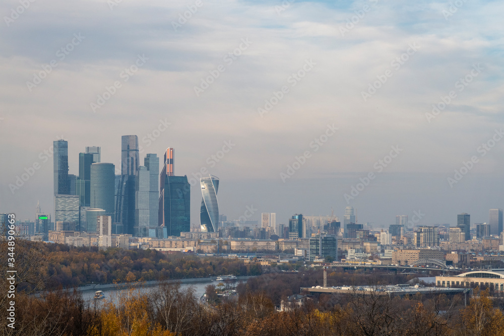 Moscow panorama with Moscow city area, river and downtown. View from observation desk in Vorobyevy Gory park.