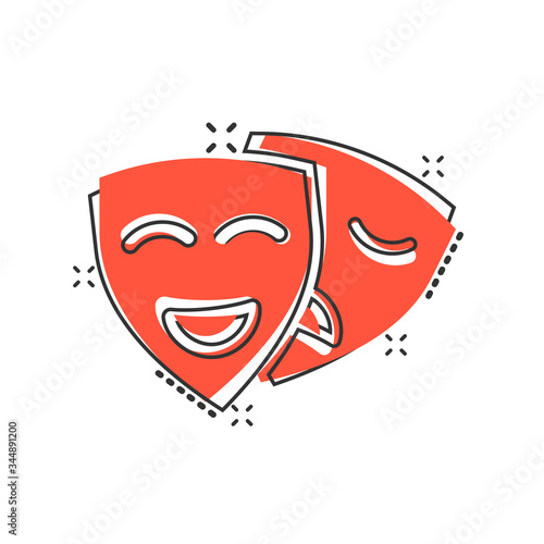 Theater mask icon in comic style. Comedy and tragedy cartoon vector illustration on white isolated background. Smile face splash effect business concept.
