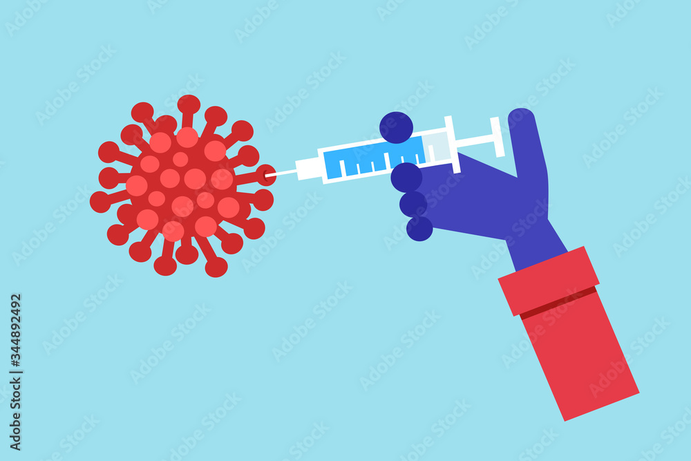 virus, vaccination and vaccine. Injection with substance is jabbed into infectious and contagious virion. Doctor's hand, syringe and red microorganism. Vector illustration. virus, vaccination and vaccine. Injection with substance is jabbed into infectious and contagious virion. Doctor's hand, syringe and red microorganism. Vector illustration.