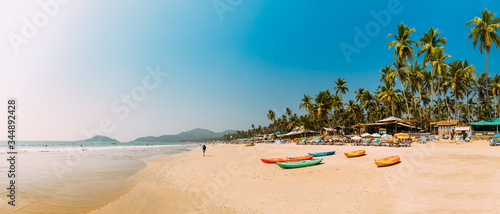 Canacona, Goa, India. Canoe Kayak For Rent Parked On Famous Palolem Beach On Background Tall Palm Tree In Summer Sunny Day