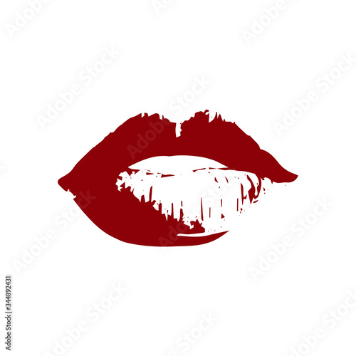 Sexy imprinted lips with red lipstick on an isolated white background. Print on wrapping paper fabric wallpaper for social networks logo. World Kiss, Valentine's Day. Vector stock illustration.