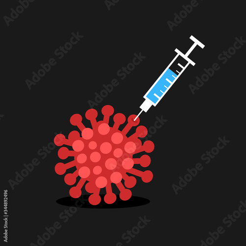 Virus, vaccination and vaccine. Injection with substance is jabbed into infectious and contagious virion.  Vector illustration isolated on black.