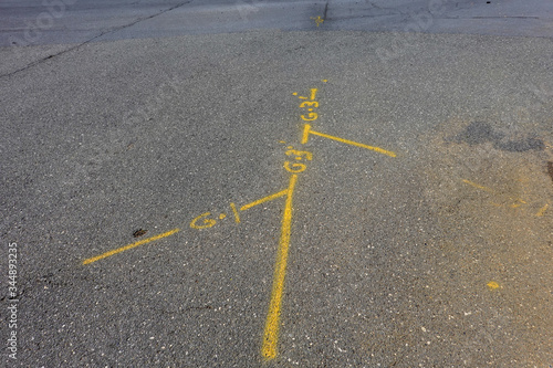 Photography Yellow markings on an asphalt street that show where the utility lines are berri
