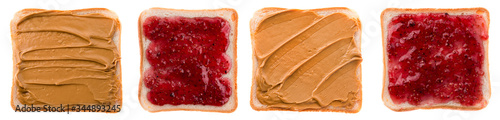 Toast with butter peanut and jam. Isolated on a white background