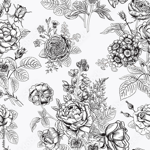 Seamless pattern with flowers. Blooming garden. Vector illustration.