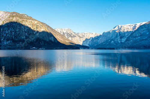 Hallstattersee lake in village Hallstatt western shore in Austria's mountainous Salzkammergut region in winter