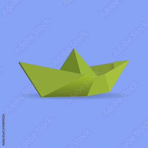 Green paper origami boat  ship  hand-made. vector illustration