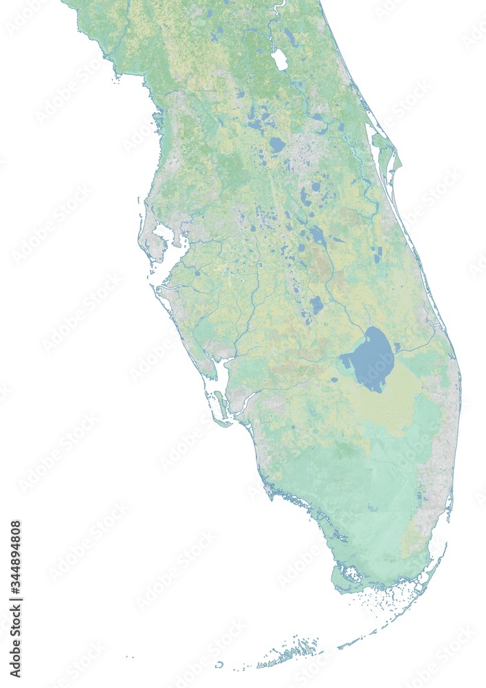 High resolution topographic map of southern Florida with land cover, rivers and shaded relief in 1:1.000.000 scale.	
