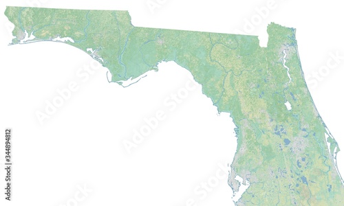 High resolution topographic map of northern Florida with land cover, rivers and shaded relief in 1:1.000.000 scale.	
