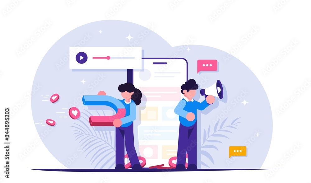 Social media marketing. People with a loudspeaker and a magnet are attracting users attention to the content. Moden flat vector illustration. Social media marketing. People with a loudspeaker and a magnet are attracting users attention to the content. Moden flat vector illustration.