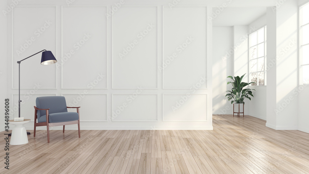 Modern minimal room with armchair and floor lamp, white pattern wall. 3D rendering Modern minimal room with armchair and floor lamp, white pattern wall. 3D rendering