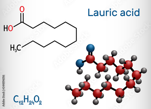 Lauric acid, dodecanoic acid, C12H24O2 molecule. It is a saturated fatty acid. Structural chemical formula and molecule model