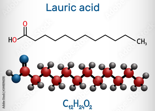 Lauric acid, dodecanoic acid, C12H24O2 molecule. It is a saturated fatty acid. Structural chemical formula and molecule model