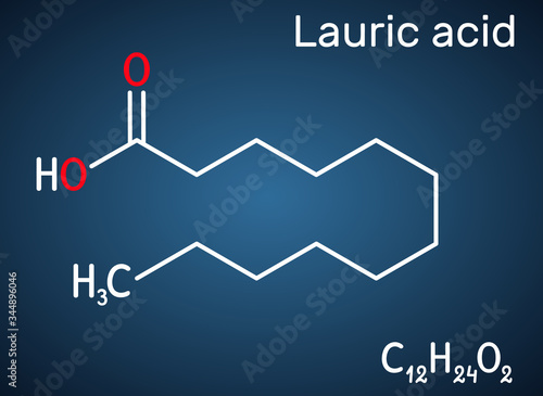 Lauric acid, dodecanoic acid, C12H24O2 molecule. It is a saturated fatty acid. Structural chemical formula on the dark blue background