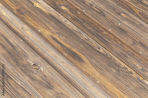 Diagonal backdrop of treated wood planks, old boardwalk rough texture, horizontal aspect