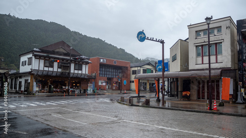 Charming scene of building at downtown in Nikko on cloudy sky background with copy space , Japan
