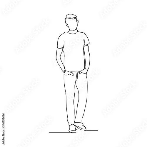 Continuous line drawing of standing young man gesture. Vector illustration