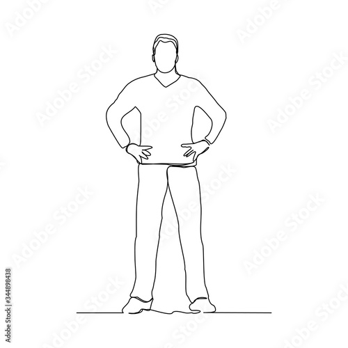 Continuous line drawing of standing young man gesture. Vector illustration