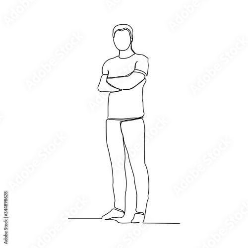 Continuous line drawing of standing man corssing hand gesture. Vector illustration