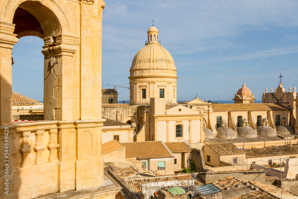 Panoramic view of Noto old town and Noto Cathedral, Sicily, Italy.