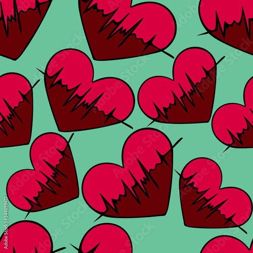 Heart with pulse. An endlessly repeating ornament. Symbols on an isolated green background. Seamless vector pattern. Cartoon style.  Assessment of arterial pulsation. Vital biological process. 