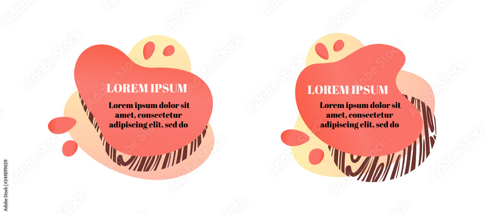 Abstract liquid shape set with gradient, zebra print texture, coral color (2019 trend). Design element for banners, flyers. Isolated, white background, with place for your text. Vector illustration. Abstract liquid shape set with gradient, zebra print texture, coral color (2019 trend). Design element for banners, flyers. Isolated, white background, with place for your text. Vector illustration.