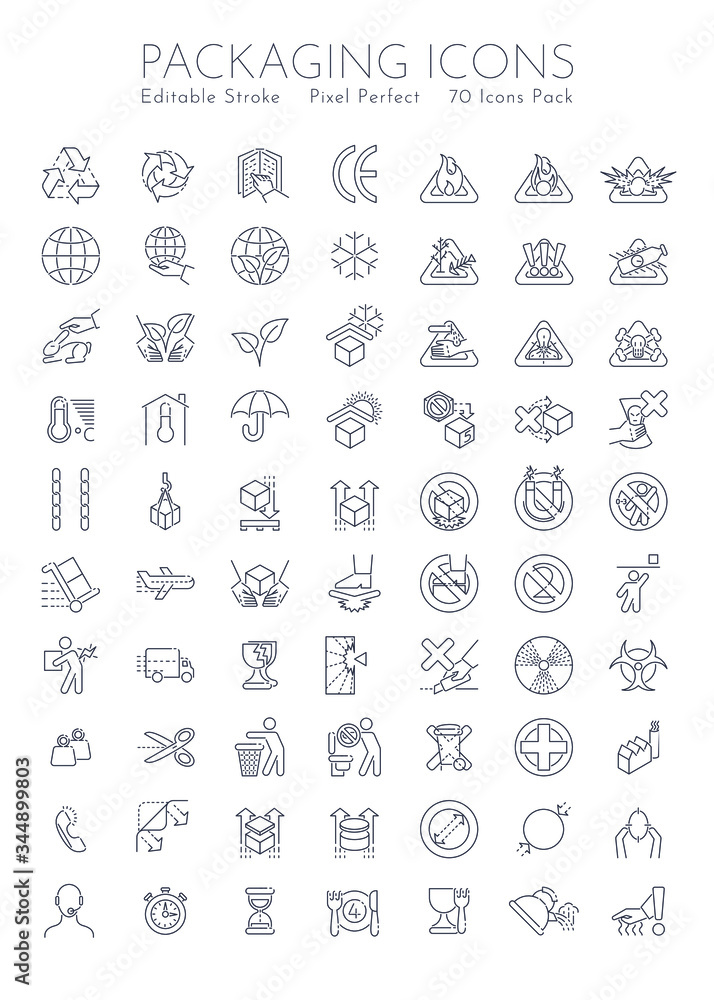 Packaging symbols set. 70 pieces with editable stroke and pixel perfect art.