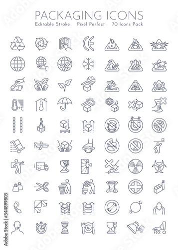 Packaging symbols set. 70 pieces with editable stroke and pixel perfect art.