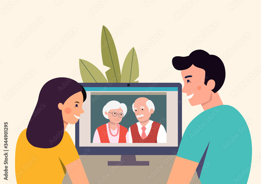 Man and woman talking with their parents by videochat. Vector flat style Illustration Man and woman talking with their parents by videochat. Vector flat style Illustration