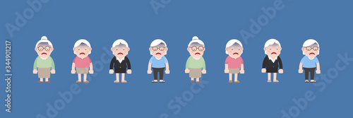 Character set of Old woman or Grandmother Concept, Older seniors retired are Exhausted sick tired bored of everything, An elderly woman cartoon design in 4 Different flat style Vector illustration