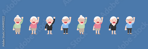 Character set of Old woman or Grandmother, Older seniors retired are Happy and glad excited cheerful with raised hand up for Participation or Voting, Cartoon design in 4 Different flat style Vector