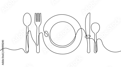 Continuous one line plate. Hand drawing art dinner theme with linear plate spoon knife fork for logo. Simple sketch design isolated on white background. Vector illustration