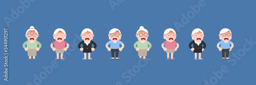 Character set of Old woman or Grandmother Concept, Older seniors retired are standing and Expressing Angry, Excitement and frown, Cartoon design in 4 Different flat style Vector illustration