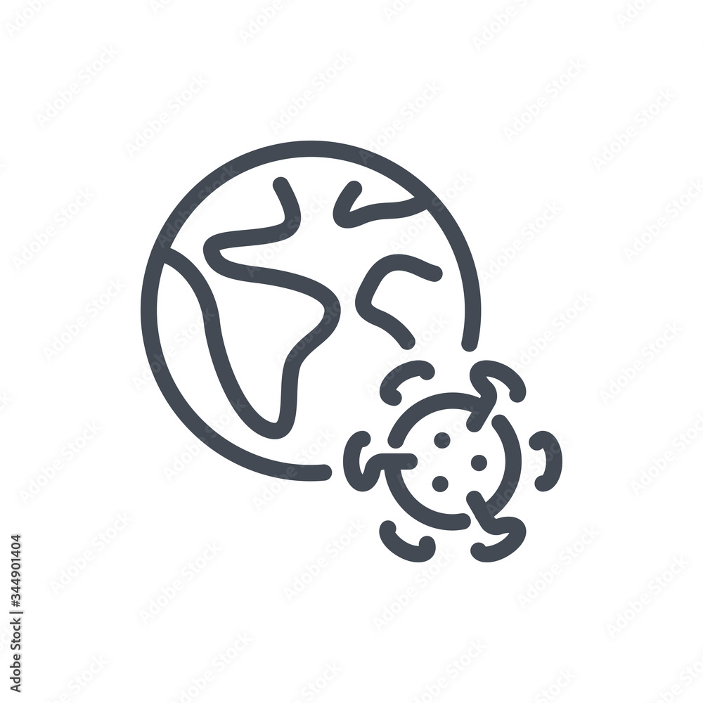 Pandemic virus line icon. Globe with virus vector outline sign. Pandemic virus line icon. Globe with virus vector outline sign.